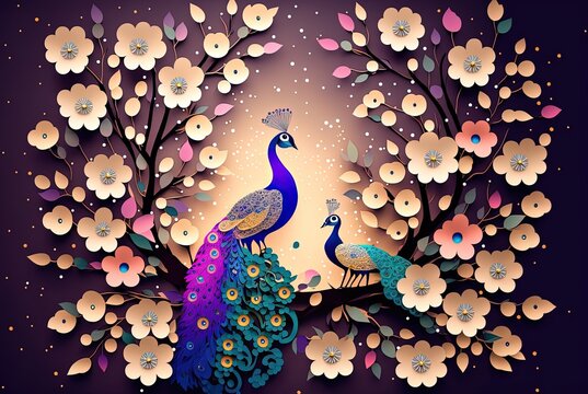 paper craft style illustration of peacock on flower blossom branch , spring theme background wallpaper Generative Ai
