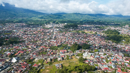 Aerial view of Traditional Minangkabau houses located in Bukittinggi, West Sumatra, Indonesia. 