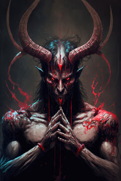 a painting of a demon with horns and blood dripping from his hands, dark fantasy art illustration 
