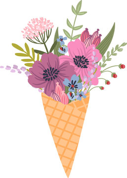 Bouquet of flowers in a waffle cone. Illustration