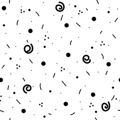 Minimalistic black and white doodle seamless pattern of randomly arranged dots, strokes, dwarfs, spirals. Scandinavian simple design for printing on wallpaper, paper, fabric, cover.