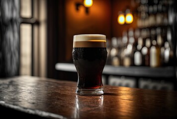 illustration of a glass of dark beer on wooden counter in dramatic atmosphere	Generative Ai - obrazy, fototapety, plakaty