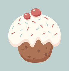 Cupcake with candies and cream frosting. For decorating Christmas, birthday, Valentine's Day gift wrap, icons, stickers. Isolated vector illustration.