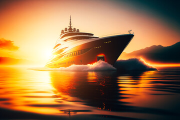 Fototapeta premium A majestic image of a yacht gliding through the ocean, with the sun rising in the background