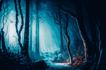 A panoramic shot of a magical forest, with the trees towering high and a misty fog