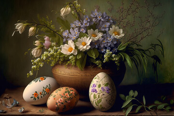 Obraz na płótnie Canvas Picturesquely painted eggs for Easter. Floral motifs. AI