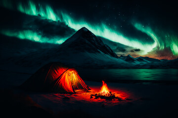 A shot of a small tent pitched in the Arctic wilderness, with the Northern Lights