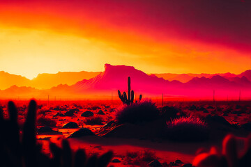 A wide shot of a pink and orange sunset over a Texas desert