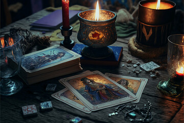 Magic still life. Esoteric still life. Tarot cards. AI generation