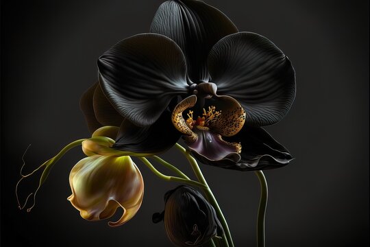 Black orchid on a dark uniform background. Beautiful black flower. AI