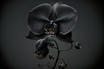 Black orchid on a dark uniform background. Beautiful black flower. AI