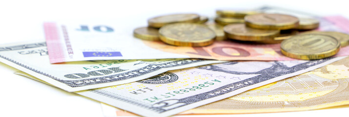 Money isolted on a white background.Euro and dollar banknotes. Copy space.