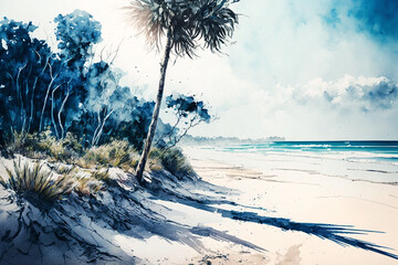 beautiful beach on the coast with trees, clouds, in the style of water colors, Generative AI