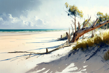 beautiful coast with with driftwood, beach, in the style of water colors, Generative AI