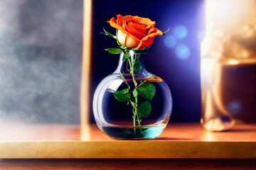 a single orange rose in a round glass vase on a table blurry violet background, generative AI