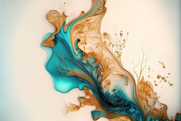 Delicate luxurious fluid liquid background with paints. Graceful waves of paint, mixing colors, golden patterns. AI