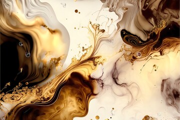 Delicate luxurious fluid liquid background with paints. Graceful waves of paint, mixing colors, golden patterns. AI