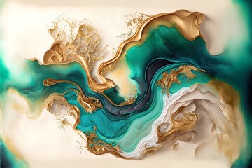 Delicate luxurious fluid liquid background with paints. Graceful waves of paint, mixing colors, golden patterns. AI