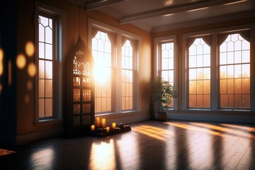 An empty room with beautiful, old-designed windows letting in sunlight, generative ai