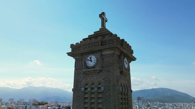 Beautiful 4K panoramic aerial video from flying drone to Nha Trang, Vietnam, the main church for the Church of Catholic Diocese of Nha Trang. 4K Nha Trang, Vietnam.