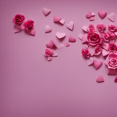 High-Resolution Image of Valentine's Day Paper Hearts and Roses on a Pink Background with Copy Space, Showcasing the Love and Romance of the Holiday, Perfect for Adding a Touch of Love to any Design.