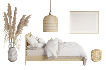 Fototapeta A set of boho furniture in bedroom 2. A bed with a rattan headboard and blanket with fringe, tall spikelets in a clay vase, a wicker chandelier, a bamboo nightstand, a blank template poster. 3d render obraz