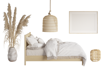 A set of boho furniture in bedroom 2. A bed with a rattan headboard and blanket with fringe, tall spikelets in a clay vase, a wicker chandelier, a bamboo nightstand, a blank template poster. 3d render