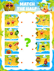 Obraz premium Match half of cartoon fruits characters on summer beach party, vector game quiz. Picture match puzzle worksheet to find same part or correct piece of durian, cherimoya and fig at sea beach holiday
