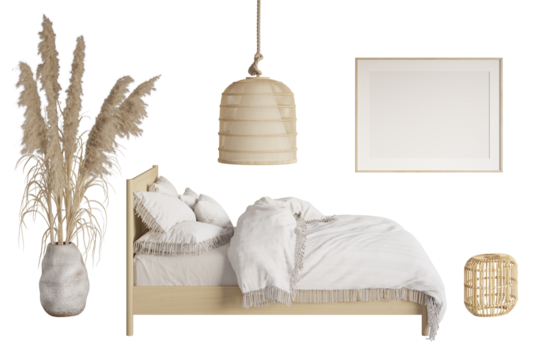 A set of boho furniture in bedroom 2. A bed with a rattan headboard and blanket with fringe, tall spikelets in a clay vase, a wicker chandelier, a bamboo nightstand, a blank template poster. 3d render