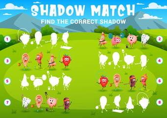 Fototapeta premium Shadow matching game, cartoon funny human organs sportsman characters, vector quiz. Shadow match puzzle with heart on fitness sport, ear playing basketball and kidney on yoga or brain on gym workout