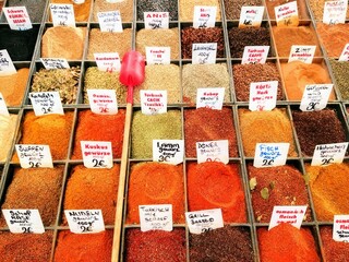 Multicolored, oriental spices at bazaar