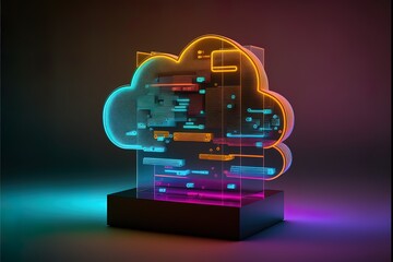 Neon dark background. Cloud cyber neon light, data storage. Cloud computing technology concept neon. AI