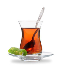 Glass cup of Turkish tea isolated on white background