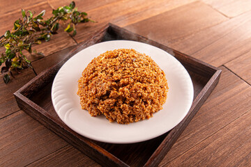 Fried rice with soy sauce served dish isolated on wooden table top view of Hong Kong food