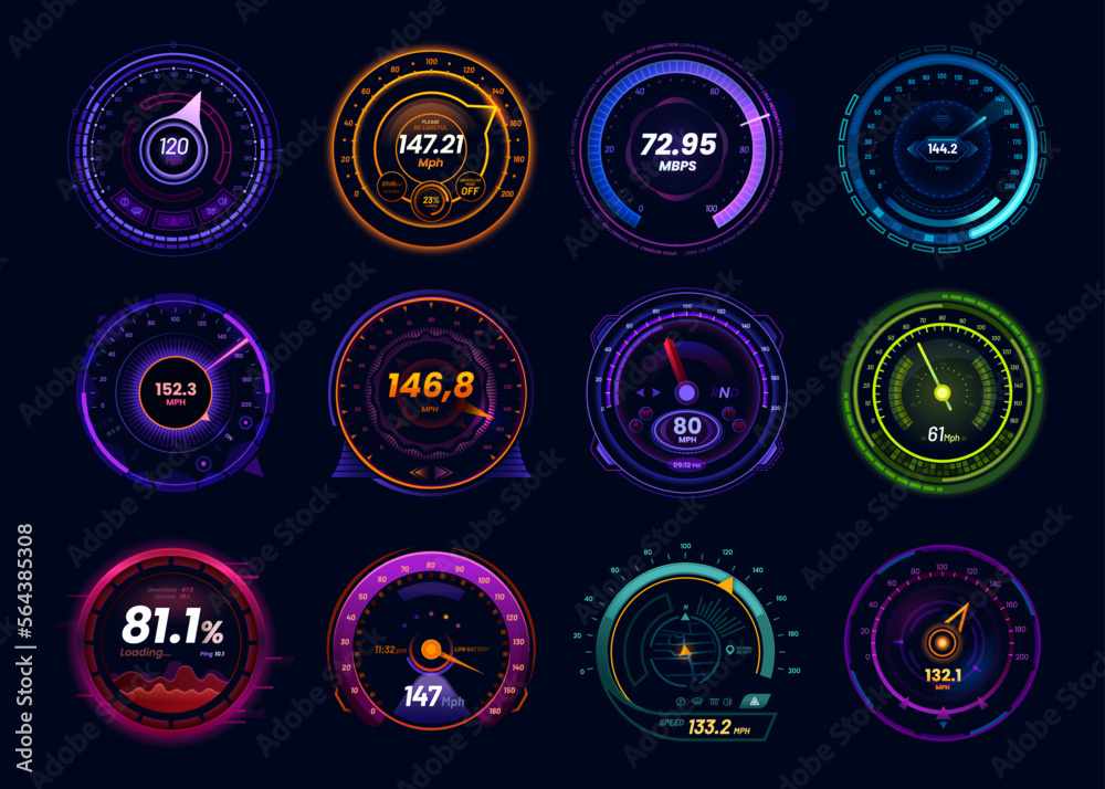 Aufkleber futuristic car speedometer gauge and internet speed test meters, vector neon led dials. car dashboar