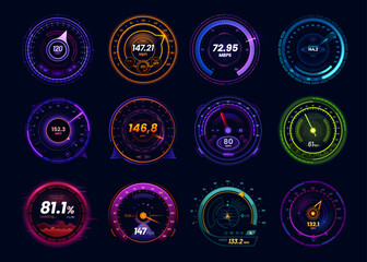 Futuristic car speedometer gauge and internet speed test meters, vector neon led dials. Car dashboard speedometers with mph and kph gauge arrow, internet download, upload and ping test indicators - obrazy, fototapety, plakaty