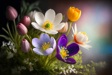 Colorful spring flowers as decoration. Generative AI. - obrazy, fototapety, plakaty
