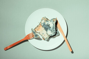 Moldy bread on a white plate and fork and knife on a green background top view