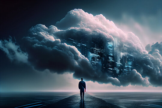 Futuristic Cloud Service Big data server in cloud and man walking towards the high tech hub of technology abstract background. Information Digitalization Starts. SAAS, Cloud Computing, Web Service