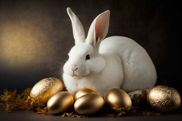 Fototapeta na wymiar Golden Easter eggs and white rabbit on dark background. Postcard, greeting card design. Pascha, Happy Easter Day. Generative AI.