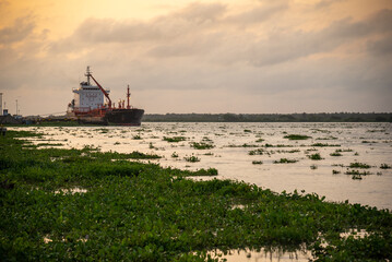 Chemical transport ship in a port on the Magdalena river in the city of Barranquilla. Colombia. 
