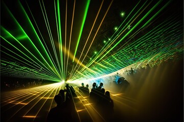 Laser light show at a night music party, neon light, rays, flashes, laser stage. AI