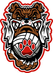 mean bulldog mascot holding volleyball for school, college or league sports	