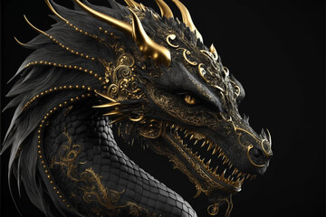 Fototapeta na wymiar Black gold dragon. AI generation