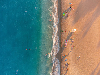 Aerial beach view with mediterranean sea resort. Paradise riviera and vacations in summer