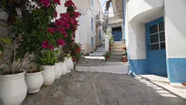 Whitewashed houses in narrow street in Old Town, Skopelos Town, Skopelos, Sporades Islands, Greek Islands