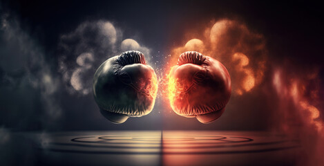 wide poster of hot fighting boxing gloves with copyspace on both sides - obrazy, fototapety, plakaty