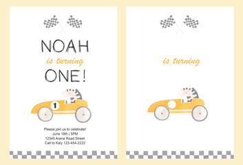 Watercolor little animal drivers in racing cars - transport set for boys nursery, birthday baby shower, invitation
