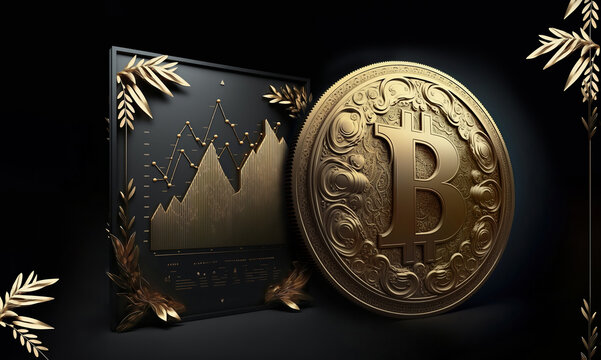 isolated infograhic bitcoin price chart award in gold and black color with copyspace area