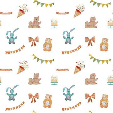 Happy birthday rabbit cat flags pattern watercolor